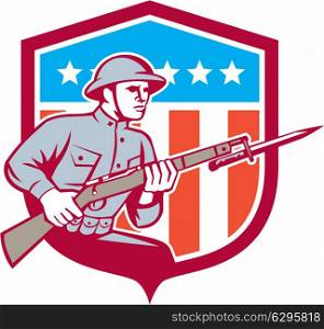 Illustration of a World War One American soldier serviceman with assault rifle fixed bayonet viewed from side set inside shield with American Stars and stripes flag on isolated white background done in retro style.. World War One Soldier American Retro Shield