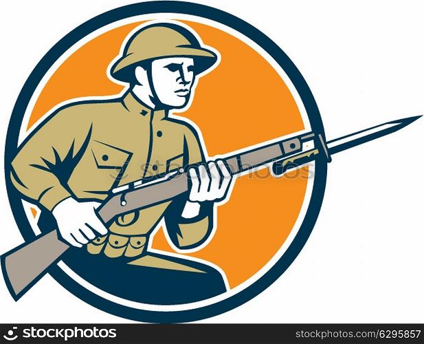 Illustration of a World War One American soldier serviceman with assault rifle fixed bayonet viewed from side set inside shield with American Stars and stripes flag on isolated white background done in retro style.