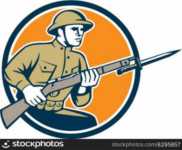 Illustration of a World War One American soldier serviceman with assault rifle fixed bayonet viewed from side set inside shield with American Stars and stripes flag on isolated white background done in retro style.