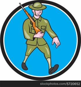 Illustration of a World War one British soldier serviceman marching with assault rifle viewed from side set inside circle on isolated background done in cartoon style.. World War One Soldier British Marching Circle Cartoon
