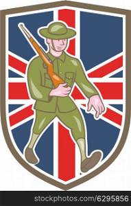 Illustration of a World War one British soldier serviceman marching with assault rifle viewed from side set inside shield with UK British flag in the background done in cartoon style.. World War One Soldier British Marching Cartoon Shield