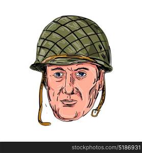 Illustration of a World War Two American Soldier Head viewed from front done in hand sketch Drawing style on isolated background.. World War Two American Soldier Head Drawing