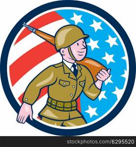 Illustration of a World War two American soldier serviceman marching with assault rifle viewed from side set inside circle with American Stars and stripes flag in the background done in cartoon style.. World War Two Soldier American Marching Cartoon Circle