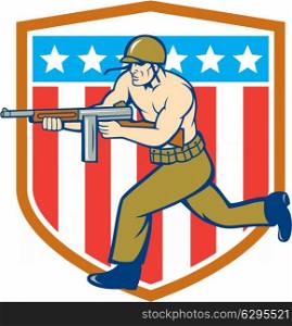 Illustration of a World War two American soldier serviceman running with tommy thompson sub-machine gun set inside USA stars and Stripes shield in the background done in cartoon style.. World War Two Soldier American Tommy Gun Shield