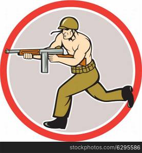 Illustration of a World War two American soldier serviceman running with tommy thompson sub-machine gunon isolated white background done in cartoon style.. World War Two Soldier American Tommy Gun