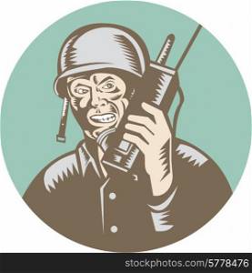 Illustration of a World War two American soldier serviceman talking on field radio walkie-talkie viewed from front set inside circle on isolated background done in retro woodcut style. . World War Two Soldier American Talk Radio Circle