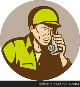 illustration of a World War two american Soldier talking on radio set inside a circle.. World War two american Soldier talking on radio