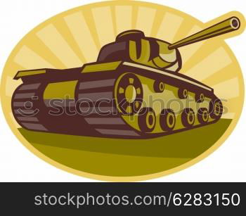 illustration of a world war two battle tank aiming cannon to side with sunburst in background done in retro style. world war two battle tank aiming cannon