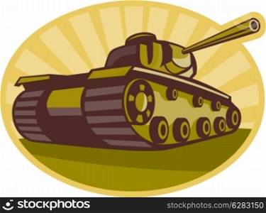 illustration of a world war two battle tank aiming cannon to side with sunburst in background done in retro style. world war two battle tank aiming cannon