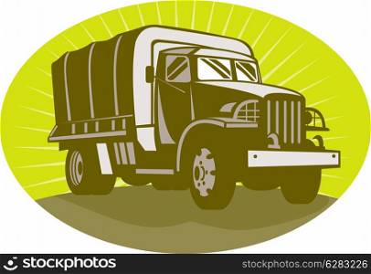 illustration of a World war two military personnel carrier truck. World war two military personnel carrier truck
