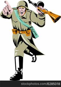 Illustration of a world war two soviet russian soldier running pointing with rifle done in retro style.