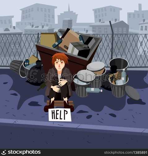 Illustration of a Young Beggar Wearing Dirty Clothes. Homeless sad poor person young child kid beggar wearing dirty clothes character beg help money near the garbage containers. Cityscape background. Vector isolated cartoon style