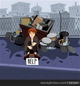 Illustration of a Young Beggar Wearing Dirty Clothes. Homeless sad poor person young child kid beggar wearing dirty clothes character beg help money near the garbage containers. Cityscape background. Vector isolated cartoon style