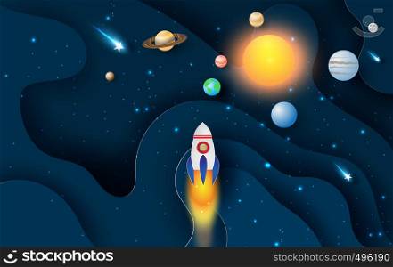 illustration of Abstract curve wave with launch rocket Startup for Solar system circle.Galaxy space exploring with satellite and planets concept on dark night background vector.paper craft and cut.