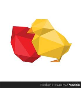 Illustration of abstract origami yellow chicken with red egg on white background