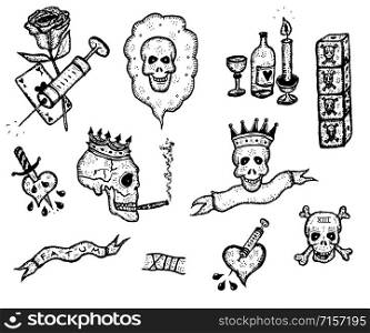 Illustration of addiction and death icons elements, including skulls, bones, syringe, rose flowers. Doodle Skulls, Death, Addiction And Tattoo Elements