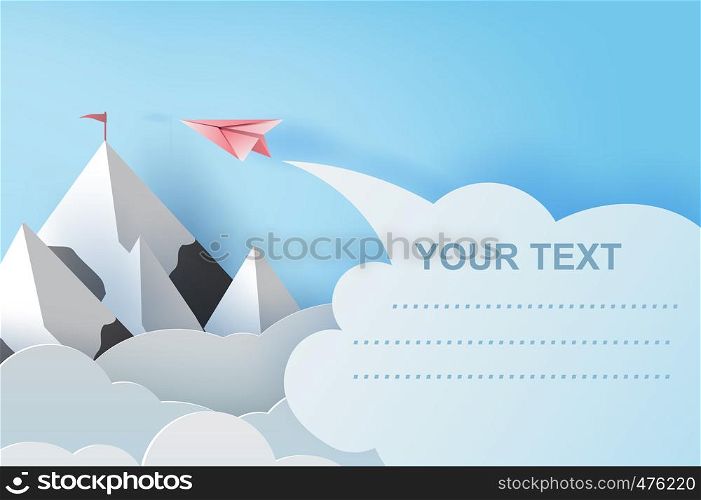 illustration of airplanes flying above mountains on blue sky.Creative design Paper cut and craft style of business teamwork or targeted mountain concept idea.scene your text space pastel color.vector