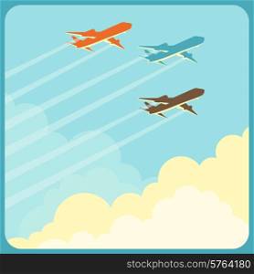 Illustration of airplanes flying in the sky over clouds.