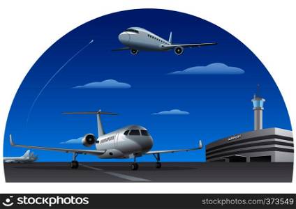 illustration of airport building with passenger airplanes. airport and airplanes