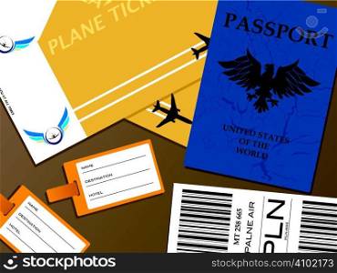 Illustration of all the documents that you would need when you fly from an airport