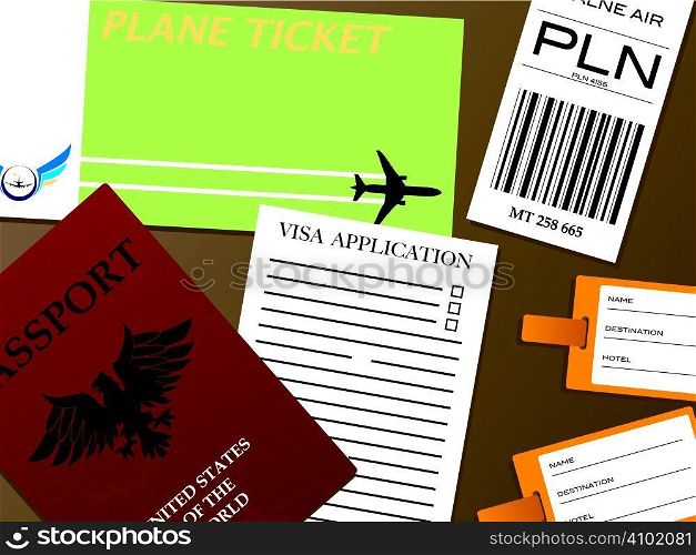 Illustration of all the documents you would need to fly from an airport