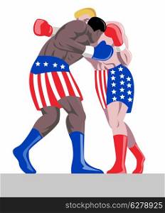 illustration of american boxer in stars and stripes connecting a knockout punch retro style isolated on white retro style. american boxer in stars and stripes