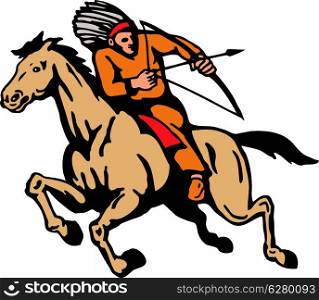 Illustration of American Indian riding a horse shooting arrow with bow on isolated white background.. American Indian Riding Horse Bow And Arrow
