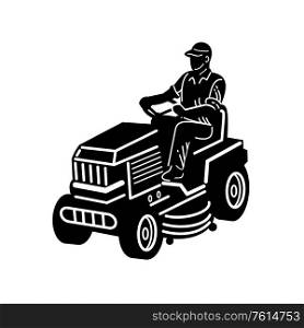 Illustration of American male gardener mowing riding on ride-on lawn mower on isolated white background done in retro woodcut Black and White style.. Gardener Riding Ride On Mower Mowing Lawn Retro Black and White
