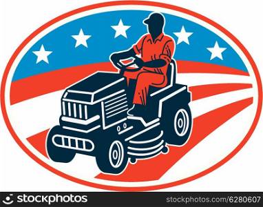 Illustration of American male gardener mowing riding on ride-on lawn mower with stars and stripes flag set inside oval done in retro woodcut style.. American Gardener Mowing Lawn Mower Retro