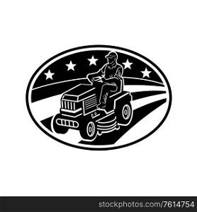 Illustration of American male gardener mowing riding on ride-on lawn mower with stars and stripes flag set inside oval done in retro woodcut Black and White style.. American Gardener Mowing Lawn Ride-on Mower Retro Black and White