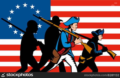 Illustration of American revolutionary minuteman militia soldiers with musket rifles marching with stars and stripes Betsy Ross flag.. American Minuteman Militia Betsy Ross Flag