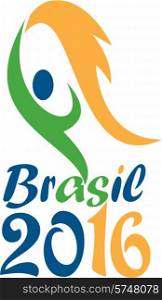 Illustration of an abstract athlete on flames holding a flaming torch with words Brasil 2016 depicting the summer games on isolated white background.. Brasil 2016 Flames Summer Games