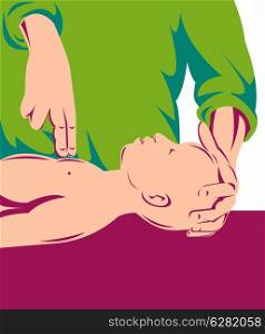 Illustration of an adult performing cpr on an infant child done in retro style.. adult performing cpr on an infant child