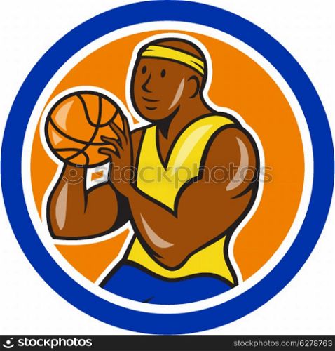 Illustration of an African-American basketball player shooting ball set in circle on isolated white background done in cartoon style.. African-American Basketball Player Shooting Cartoon