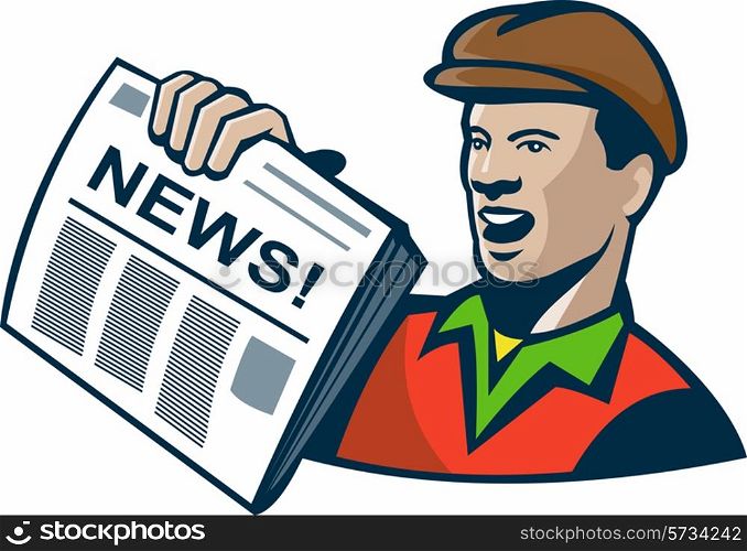 Illustration of an african american newsboy delivery holding newspaper done in retro style.