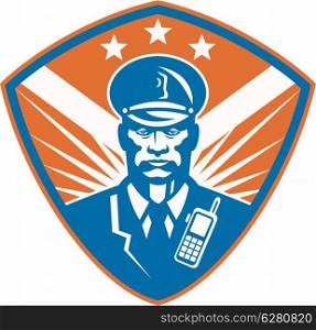 Illustration of an african american policeman security guard police officer set inside shield crest with stars done in retro style.. Policeman Security Guard Police Officer Crest