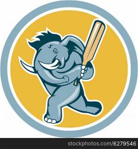 Illustration of an african elephant batting with cricket bat done in cartoon style on isolated white background.. Elephant Batting Cricket Bat Cartoon