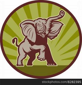 illustration of an african elephant charging attacking set ijside a circle. african elephant charging attacking
