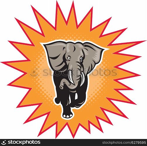 illustration of an african elephant charging halftone dots set inside exploding balloon done in retro style on isolated background. african elephant charging halftone dots