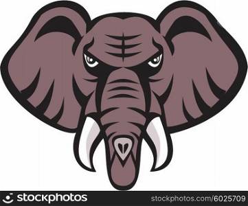 Illustration of an african elephant head angry with tusk facing front set on isolated white background done in retro style.. African Elephant Head Angry Tusk Retro