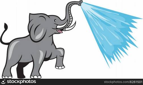 Illustration of an african elephant marching prancing spraying water from trunk viewed from the side set on isolated white background done in cartoon style. . Elephant Marching Spraying Water Cartoon