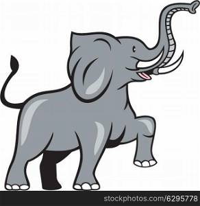 Illustration of an african elephant marching prancing viewed from the side on isolated white background done in cartoon style. . Elephant Marching Prancing Cartoon