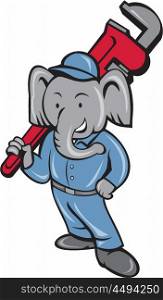 Illustration of an african elephant plumber mascot standing holding monkey wrench on shoulder set on isolated white background done in cartoon style. . Elephant Plumber Monkey Wrench Cartoon