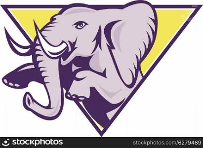 Illustration of an african elephant prancing set inside inverted triangle done in retro style on isolated white background.. Elephant Prancing Triangle