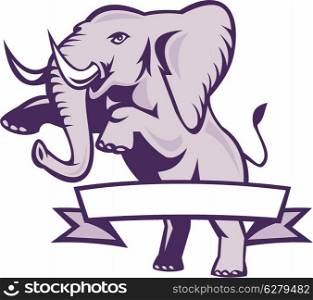 Illustration of an african elephant prancing with ribbon scroll wrapped around done in retro style on isolated white background.. Elephant Prancing Ribbon Scroll