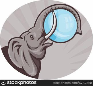 illustration of an african elephant with sphere ball done in retro woodcut style set inside oval. african elephant with sphere ball
