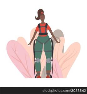 Illustration of an african woman in exosuit with abstract foliage. Medical exoskeleton to help people with disabilities. Innovation in healthcare. Vector image for articles, banners and your design.. Illustration of an african woman in exosuit with abstract foliage. Medical exoskeleton to help people with disabilities. Innovation in healthcare. Vector image