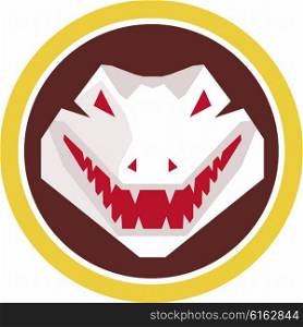 Illustration of an alligator crocodile head smiling set inside circle done in retro style viewed from the front on isolated background.. Alligator Head Circle Retro