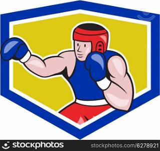 Illustration of an amateur boxer wearing head gear and boxing gloves jabbing punching viewed from side set inside crest shield done in cartoon style on isolated background.. Amateur Boxer Boxing Shield Cartoon