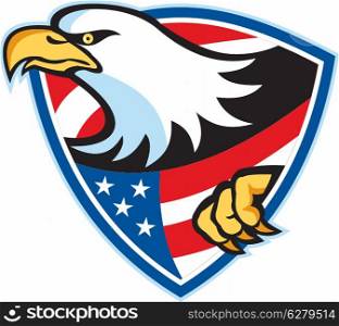 Illustration of an American bald eagle american stars stripes flag set inside shield on isolated white background.. American Bald Eagle Flag Shield